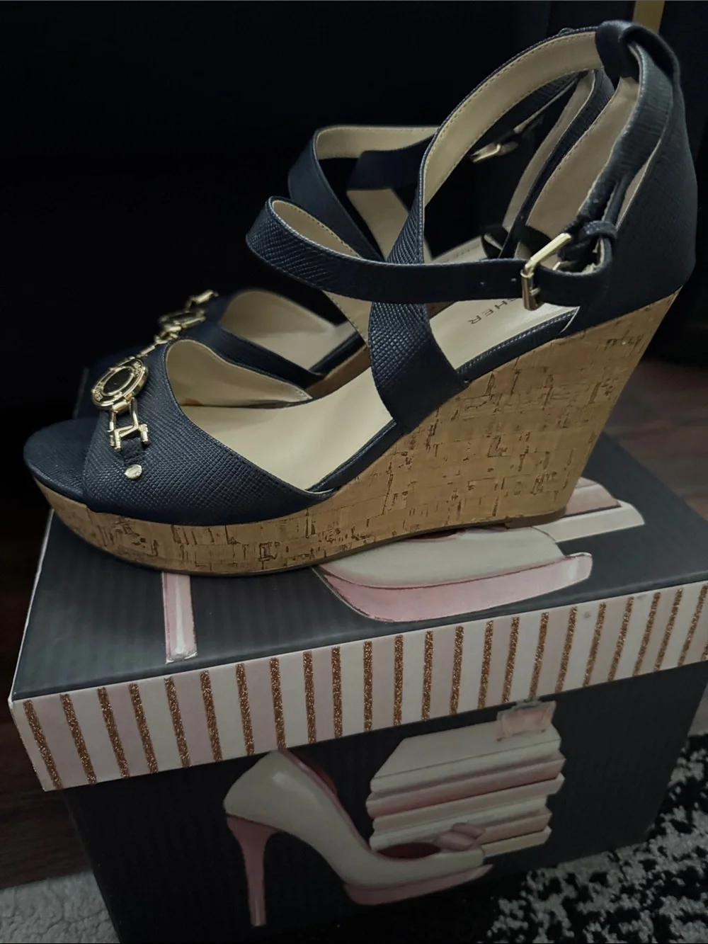 Marc Fisher Navy Crisscross Wedge Sandals with Gold Medallion